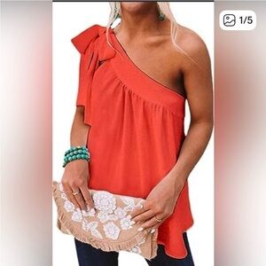 Elegant One-Shoulder Coral Blouse